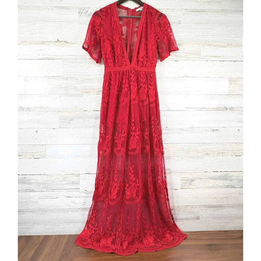 Haute Monde Maxi Dress Romper Size M Red Floral Lace Deep V Festival Fairy Indie
